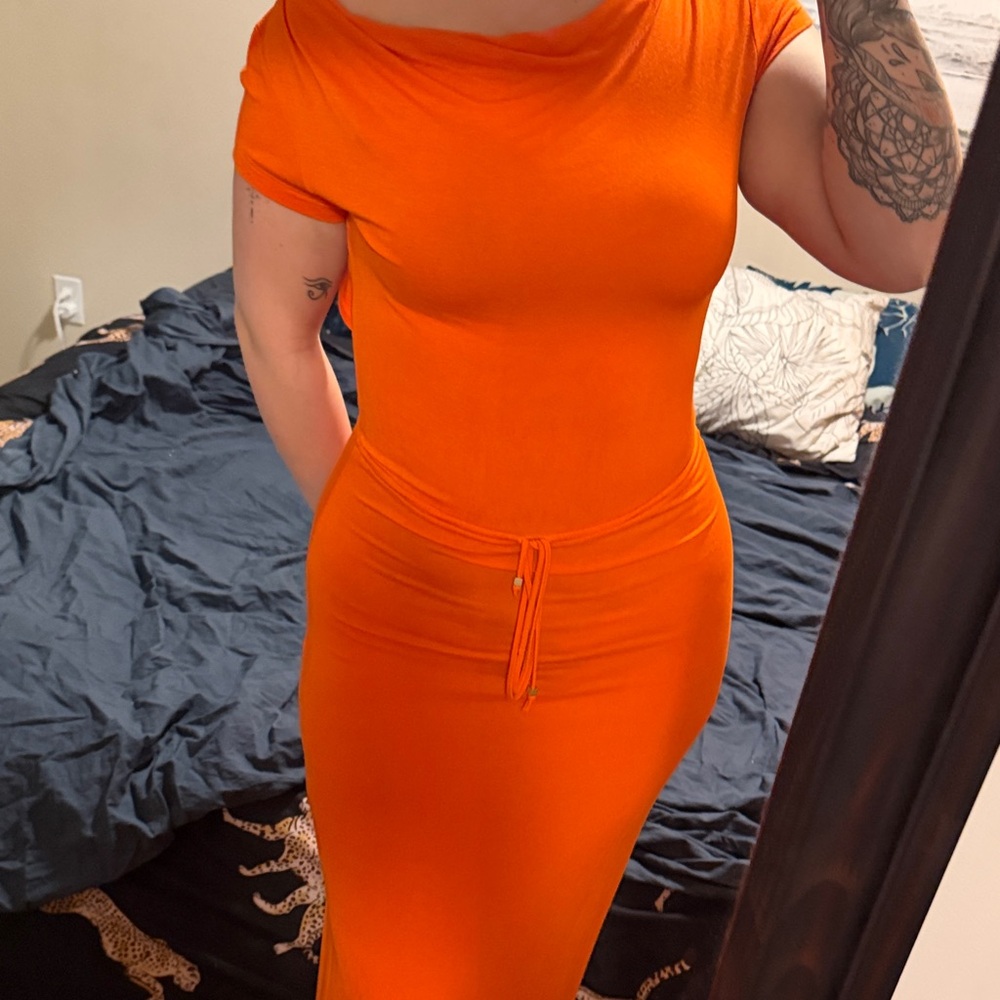 Orange Bodycon Maxi Dress with Drawstring Waist Backless